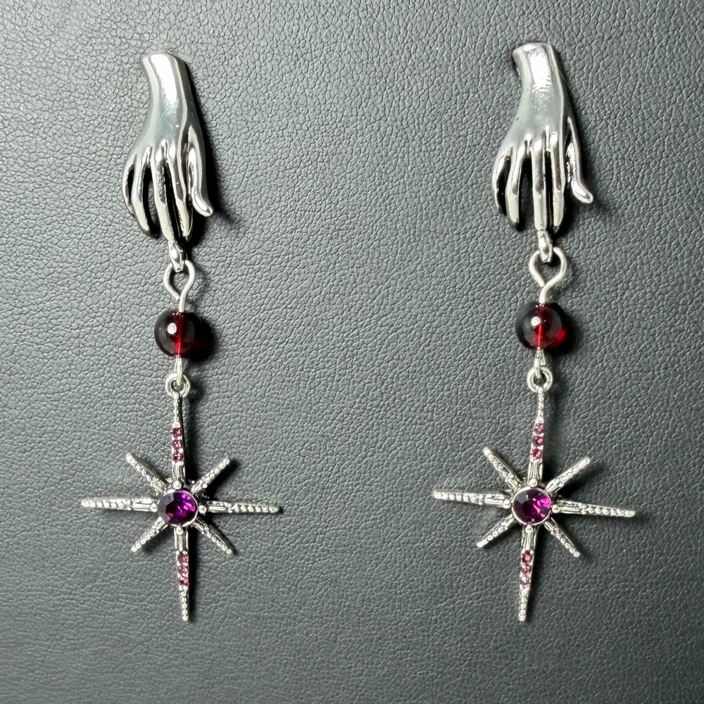 Silver Hand Star Encrusted Purple Glass Rhinestones Celestial Magic Earrings ⚛️